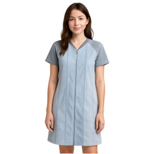 Vegan Faux Suede Panelled Pale Blue & Light Blue Short Sleeve Knee Length Dress